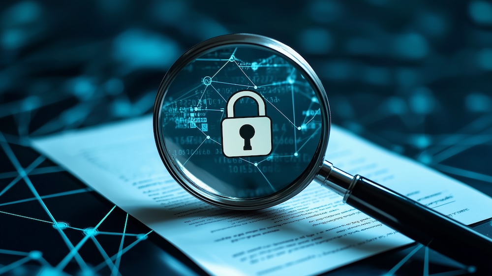 A detailed IT Security Risk Assessment concept depicted with a magnifying glass focused on it