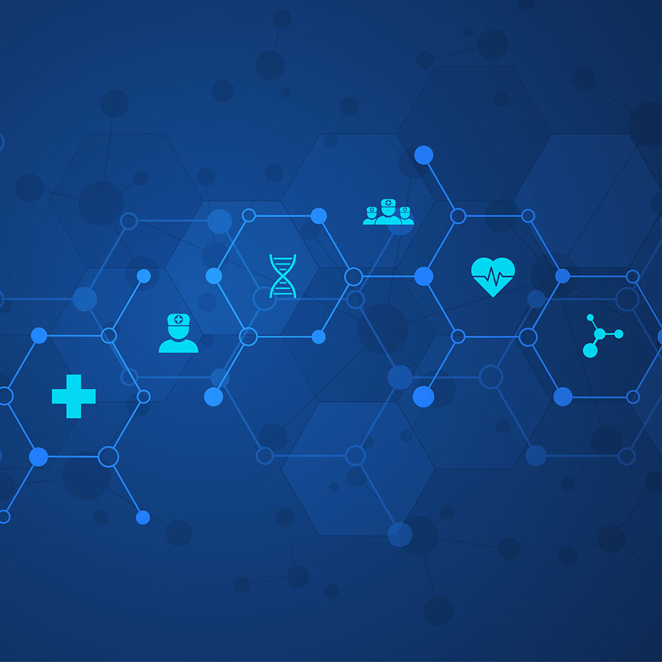 Healthcare and technology concept with flat icons and symbols. Template design for health care business, innovation medicine, science background, medical research. Vector illustration.