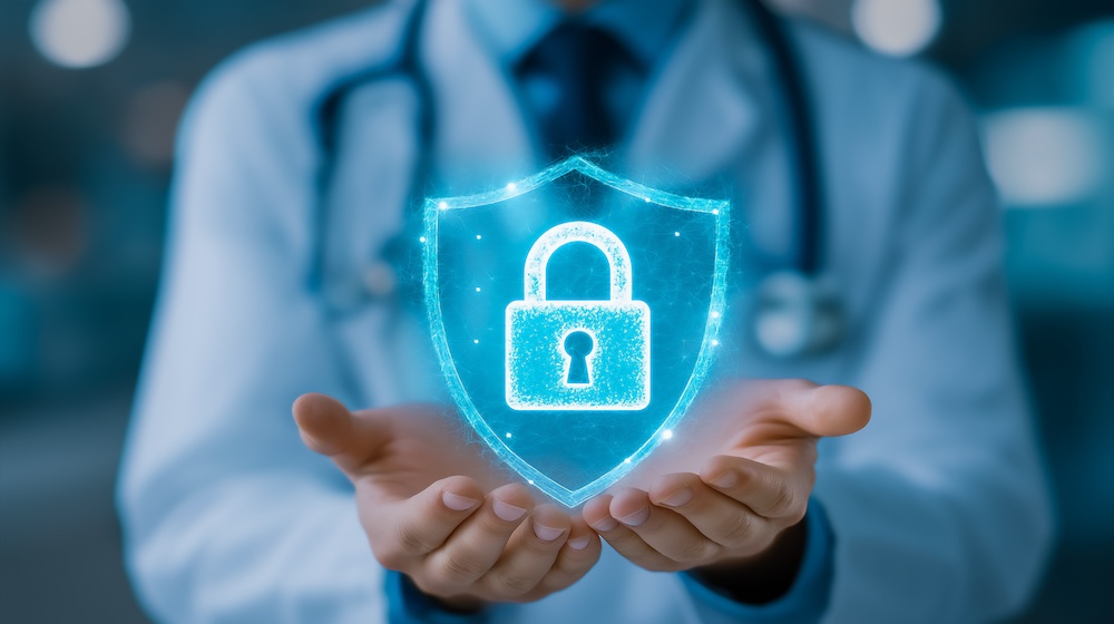 doctor wearing white lab coat and stethoscope, with extended hands holding virtual blue shield and lock, patient privacy, HIPAA concept. 