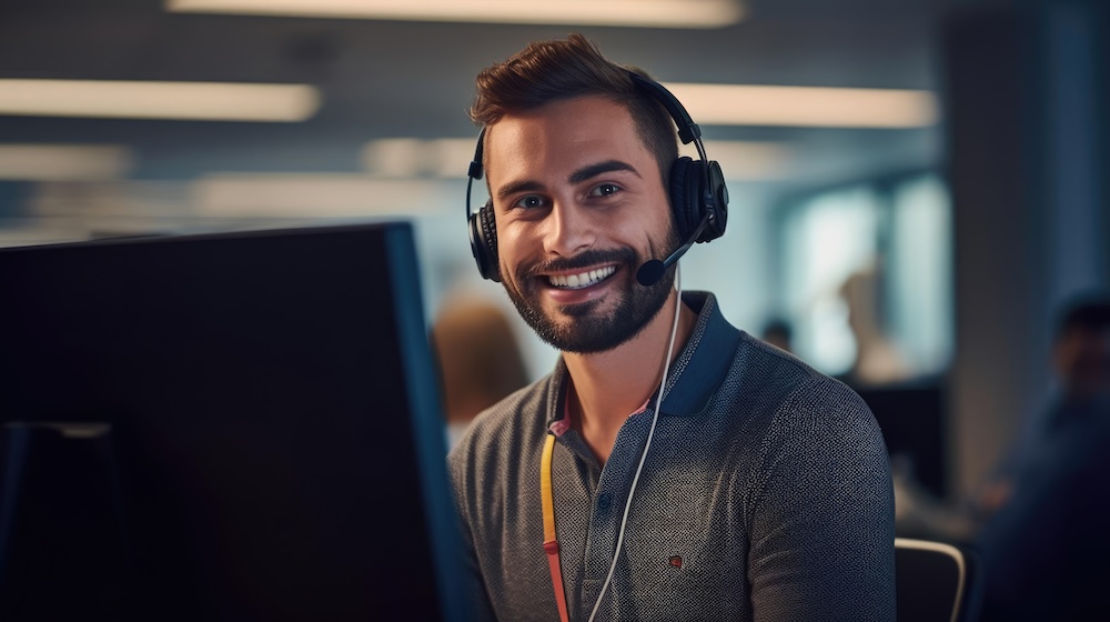 An IT support specialist at a help desk patiently guiding users through technology challenges