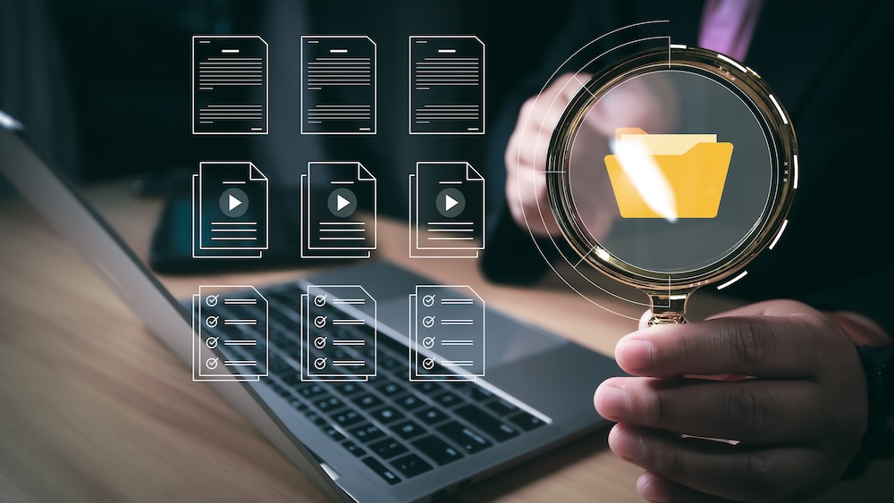 Document Management System (DMS), Businessman using digital documents to search, store, archive and manage and to reduce paper. Solution for paperless office. 