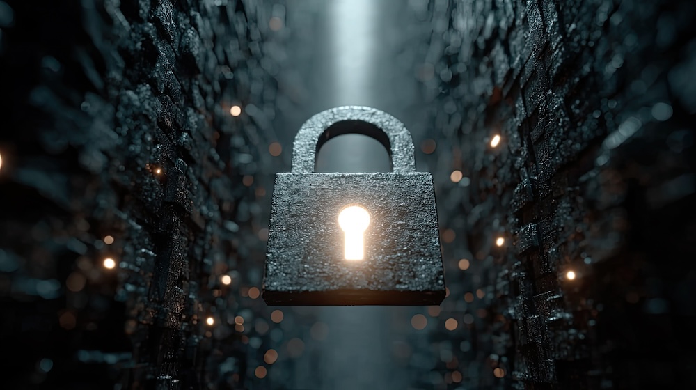 Post-quantum cryptography lock concept, digital security, futuristic encryption, cyber defense.