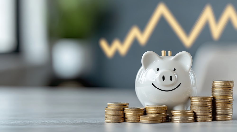 Piggy bank surrounded by coins and financial graphs, representing stock market growth and financial success against a light blue backdrop.