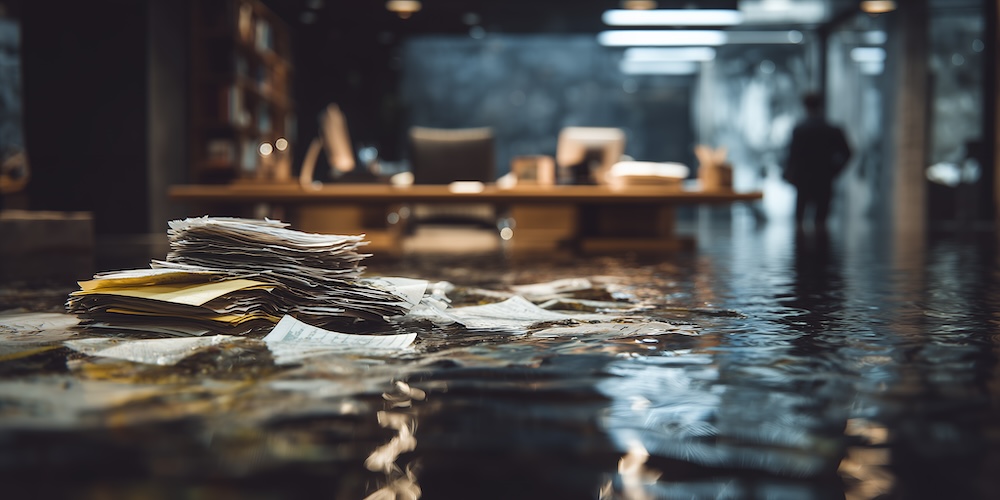 A flooded office. Disaster recovery concept.