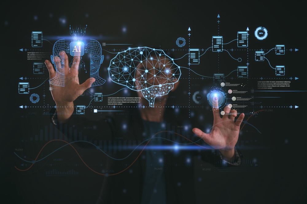 Businessman pointing at diagram Document Digital transformation technology, IoT, internet of things. transformation of ideas adoption of technology in business enhancing global capabilities. Ai