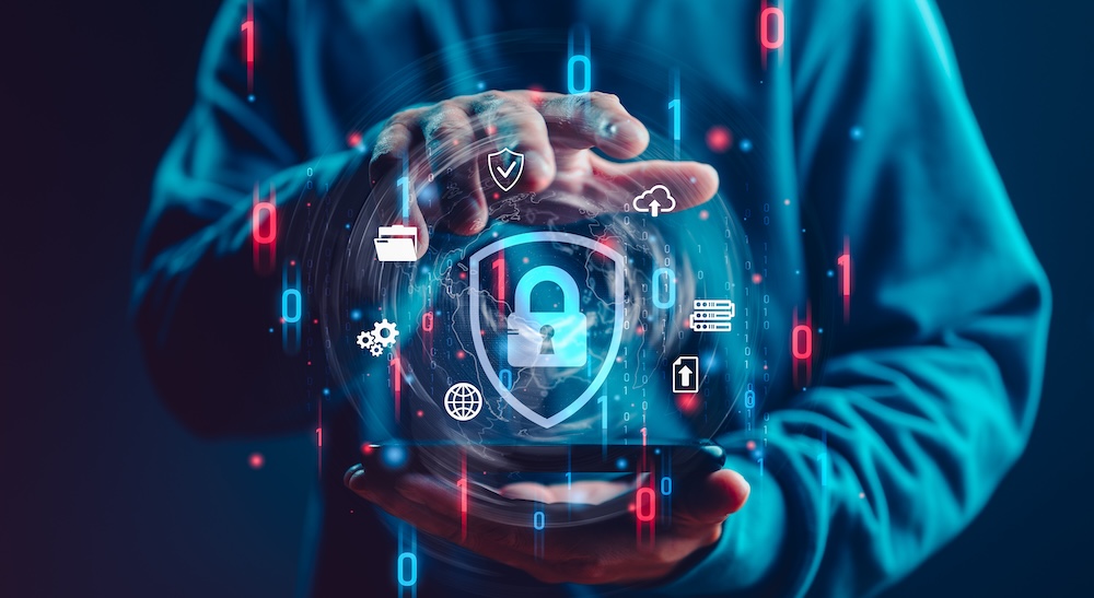 Cybersecurity and privacy concepts to protect data. Lock icon and internet network security technology. Businessman protecting personal data on smartphone, virtual screen interfaces. cyber security.