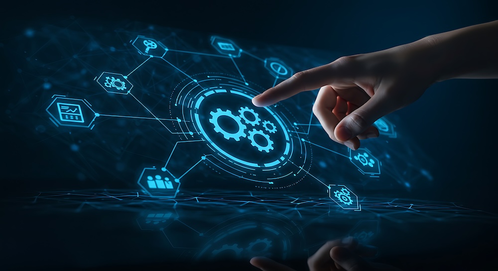 A hand interacts with a futuristic digital interface showing interconnected gears, representing business process optimization, efficiency, and technology integration.