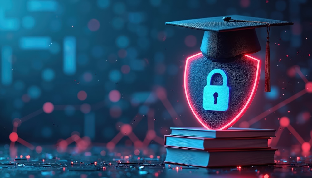 Illustration shows graduation cap over shield with lock symbol on stack of books. Background features digital network, data security concept. Cybersecurity online learning are the main themes.