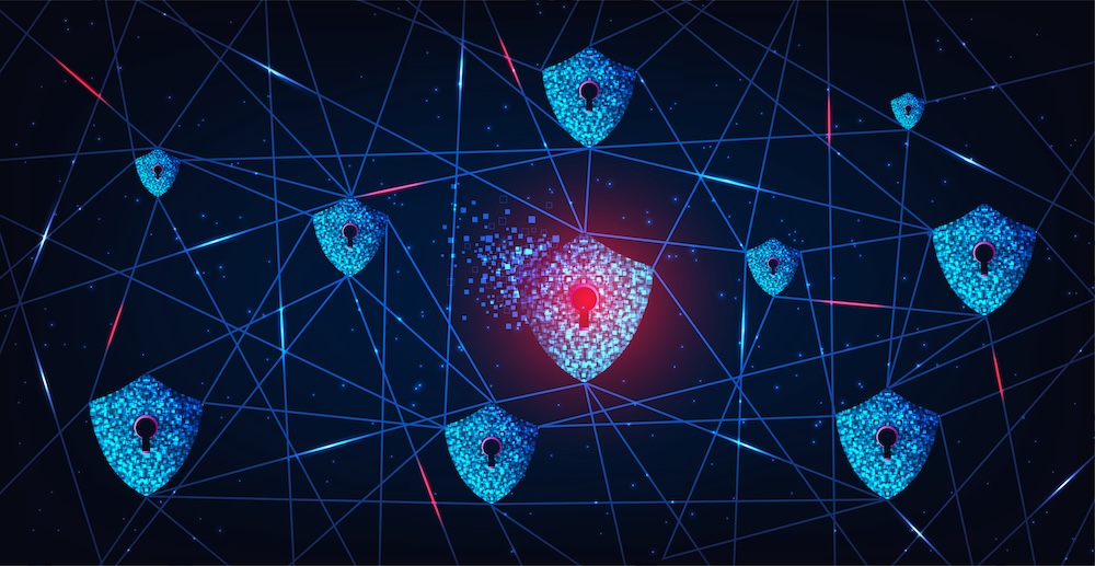 Internet attack design concept.The shield symbol was destroyed. notification about threat of Internet attack, cybercrime concept.
