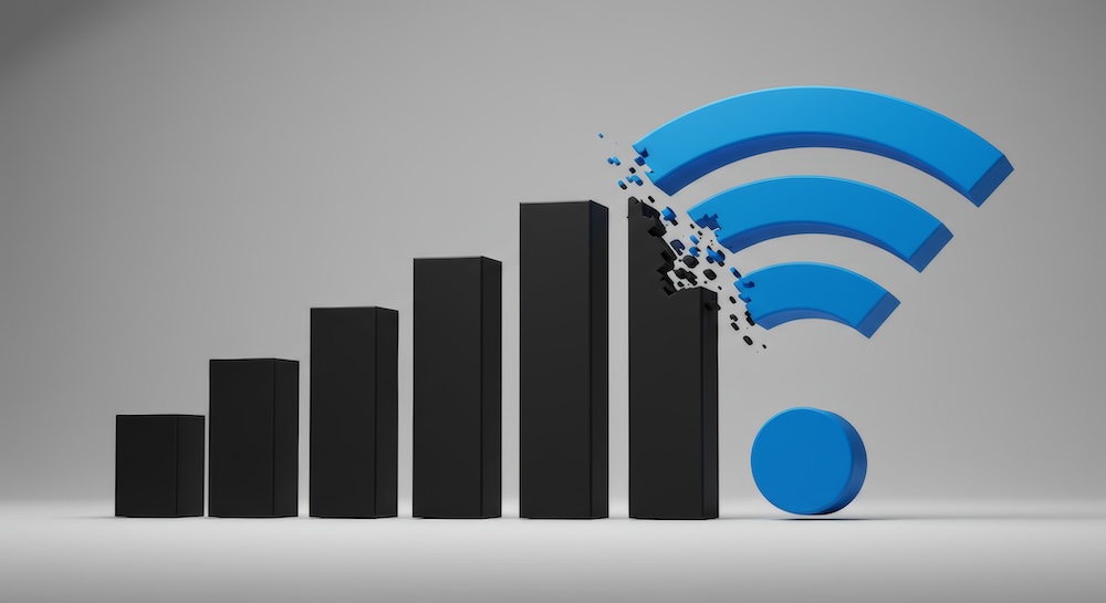 The image portrays a broken Wi-Fi signal represented by a diminishing signal bar and fracturing wireless symbol, highlighting the frustration and disparities in internet accessibility. This conveys issues of unreliable connection.