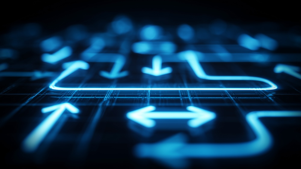 Directional paths on a digital grid illustrating workflow routing, decision automation, and optimized journeys through complex systems.