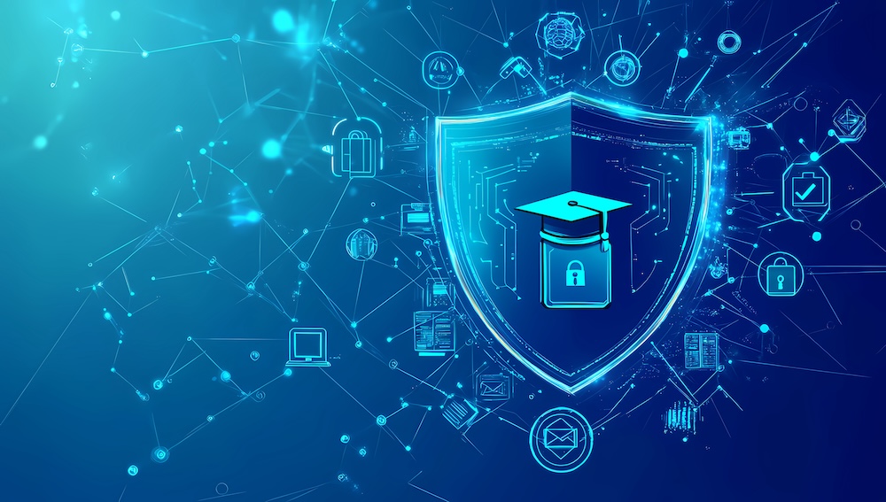 cybersecurity shield, school icons. Representing cybersecurity in schools, education.