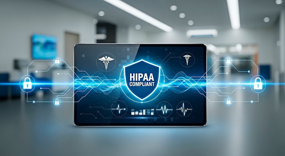 HIPAA icon on iPad. Compliance concept.
