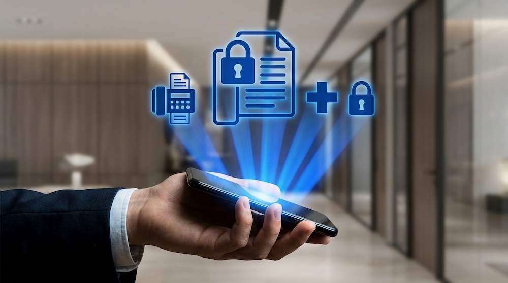 Holding Smartphone with Secure Digital Document and Printer Icons Representing Advanced Cyber Security and Data Protection when printing